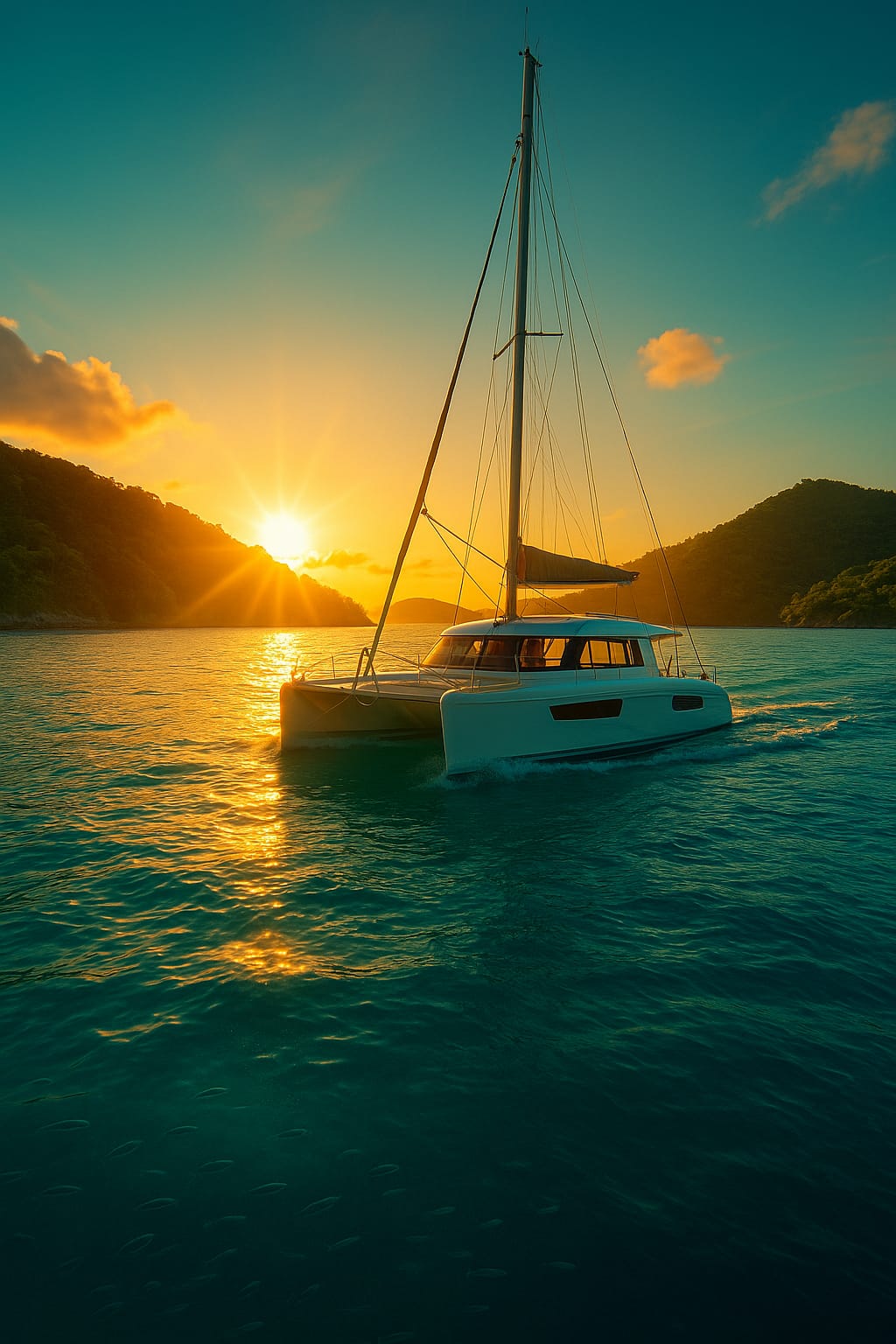 Catamarã navegando ao pôr do sol